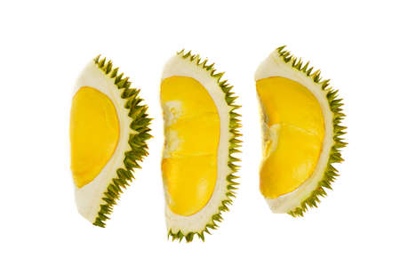 Fresh durian pulp cut out on isolated white background. This Thai fruit smelly and sharp spikes, taste sweet. Due to its sharp of thorn, so we call it king of fruit main agriculture in Asia.の写真素材