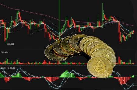 Bitcoin, a famous crypto currency with exchange rate graph board. Digital golden coin in virtual banking. Analysis chart in trading btc financial market. Data background of digital gold mining.の写真素材