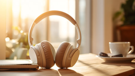 close up headphone device on desk. Modern headphones on table in room. Electronic audio equipment, music, sound media technology. Listen radio in comfort living room, multimedia gadget. AI generative.の素材