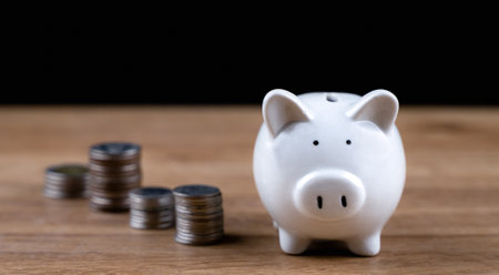 Money coin stack and piggy bank for saving money, wealth and financial concept. Crop close up photo. Investment for rich, retirement. Financial management for future or deposit money for family.の写真素材