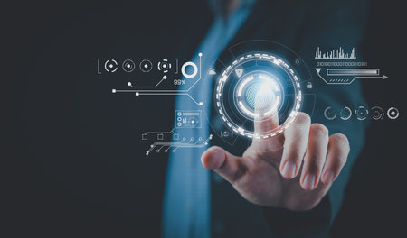 Businessman finger touch AI icon. Digital transformation technology strategy, IoT, internet of...