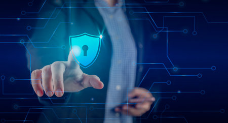 Data network protection, businessman press shield icon, web button, virus cyber security. Insurance Digital crime by hacker fraud. Information security against viruses, System firewall binary Safety.の写真素材