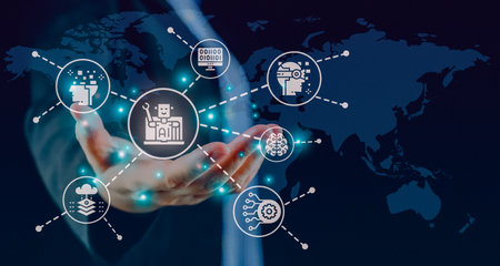 Businessman finger touch AI icon. Digital transformation technology strategy, IoT, internet of things. transformation of technology in business enhancing. Development of machine learning. Futuristic.の写真素材