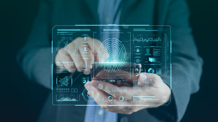 Biometric access privacy security. Businessman using smartphone to access scanner fingerprint biometric data by input password security system, privacy data information, Futuristic technology concept.の写真素材