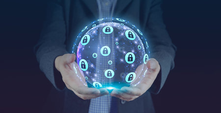 Cybersecurity and global communication, secure data network technology, cyberattack protection for worldwide connections, finance, IoT and cryptocurrencies, privacy lock safety, virtual key encryptionの写真素材