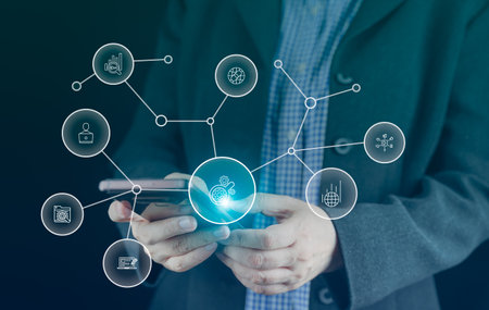 Businessman using mobile smartphone and icon network connection data with growth graph customer, digital marketing, banking and payment online, analysis and planning of business. AI bot Technology.の写真素材