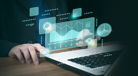 Time management project efficiency strategy goals business technology internet concept. Businessman analyzing business data management with charts and KPIs to improve organizational performance.の写真素材