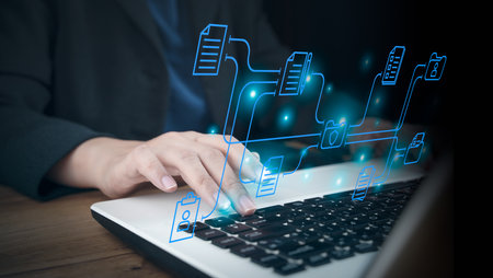 Document management and network system. Paperless workplace idea, e-signing, electronic signature. Businessman search for documents in online archives. Storage and technology on digital document. DMS.の写真素材