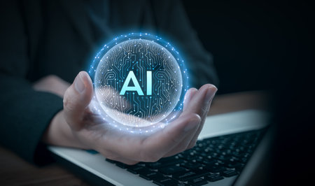 Artificial intelligence concept with man hand with AI letters. Chat with AI, man using smart robot. Futuristic technology transformation. Machine learning, IoT Internet of Things, global connection.の写真素材