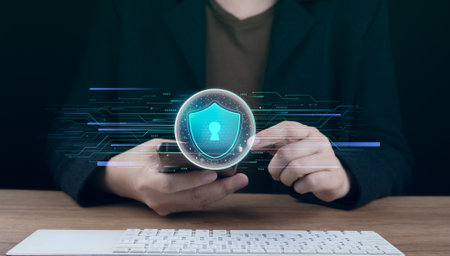 Cyber ââsecurity and data protection, businessman using laptop internet network security, protect business and financial transaction data from cyber attack, user private data security encryption.の写真素材