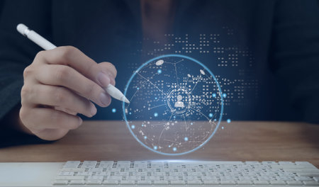 Human resource (HR) network structure. Businessman point to global network technology, Data exchanges development. customer service, Banking, Business strategy. Digital marketing online.の写真素材