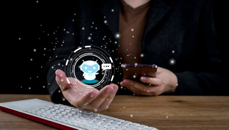 Businessman using chatbot in smartphone intelligence Ai. Chat with AI Artificial Intelligence, developed by OpenAI generate. Futuristic technology, robot in online system. Database smart chatbox.の写真素材