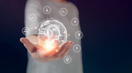 Businessman using smart devices for Digital technology connection and marketing,, links to artificial intelligence, internet of thing. Concept smart robot AI, futuristic technology transformation.の写真素材