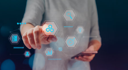 Businessman using smart devices for Digital technology connection and marketing,, links to artificial intelligence, internet of thing. Concept smart robot AI, futuristic technology transformation.の写真素材