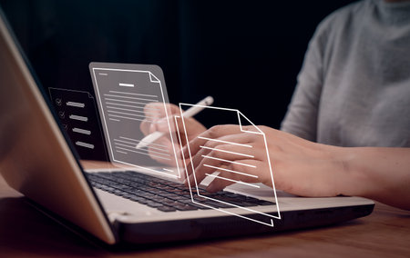Online business contract, e-signing, digital document management, paperless office, signing business contract, document management, electronic signature documents on digital concept.の写真素材