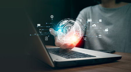 Businessman using smart devices for Digital technology connection and marketing,, links to artificial intelligence, internet of thing. Concept smart robot AI, futuristic technology transformation.の写真素材