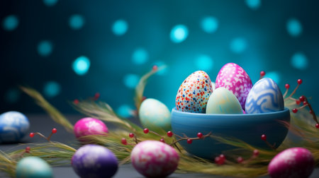 Beautiful colorful easter eggs in nest basket. Background Decorative Easter Egg Theme - Generative AI.の素材