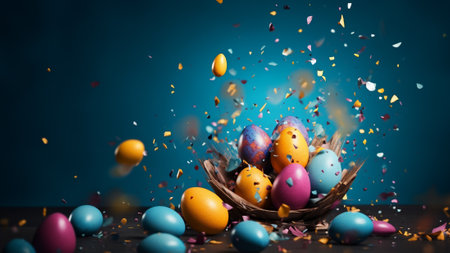 Beautiful colorful easter eggs in nest basket. Background Decorative Easter Egg Theme - Generative AI.の素材