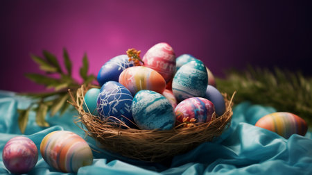 Beautiful colorful easter eggs in nest basket. Background Decorative Easter Egg Theme - Generative AI.の素材