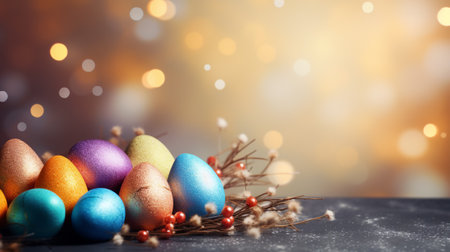 Beautiful colorful easter eggs in nest basket. Background Decorative Easter Egg Theme - Generative AI.の素材
