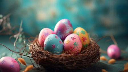 Beautiful colorful easter eggs in nest basket. Background Decorative Easter Egg Theme - Generative AI.の素材