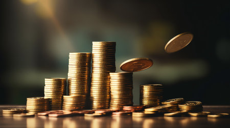Saving money for future concept preset by Male hand putting money coin stack growing business, retirement, and financial success. Growth economy investment. Investor earning income profit.の素材