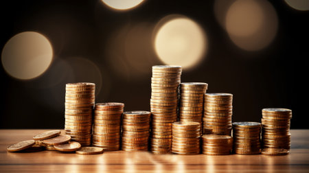 Saving money for future concept preset by Male hand putting money coin stack growing business, retirement, and financial success. Growth economy investment. Investor earning income profit.の素材