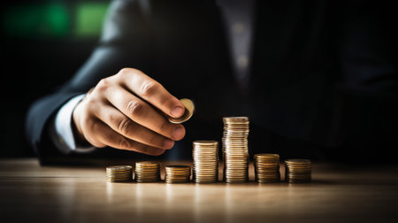 Saving money for future concept preset by Male hand putting money coin stack growing business, retirement, and financial success. Growth economy investment. Investor earning income profit.の素材