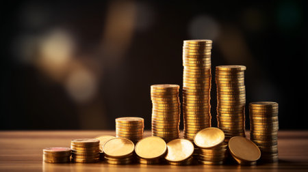 Saving money for future concept preset by Male hand putting money coin stack growing business, retirement, and financial success. Growth economy investment. Investor earning income profit.の素材