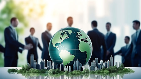 ESG environmental social governance business strategy investing concept. Businessman holding green earth globe world .Ethical and sustainable investing. Enhance ESG alignment of investments . Eco.の素材