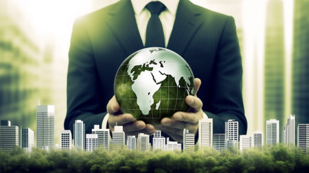 ESG environmental social governance business strategy investing concept. Businessman holding green earth globe world .Ethical and sustainable investing. Enhance ESG alignment of investments . Eco.の素材