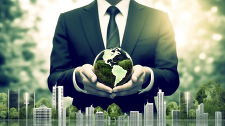 ESG environmental social governance business strategy investing concept. Businessman holding green earth globe world .Ethical and sustainable investing. Enhance ESG alignment of investments . Eco.の素材