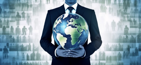 ESG environmental social governance business strategy investing concept. Businessman holding green earth globe world .Ethical and sustainable investing. Enhance ESG alignment of investments . Eco.の素材