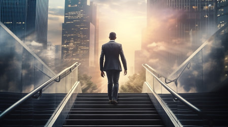 Businessman walk standing on top of stairs. Concept of success career, way up climb top building. Corporate mission job ladder. Achievement and focus to goal, leadership and success.の素材