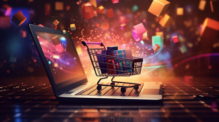 e commerce online store. Shopping cart and laptop computer with beautiful light bokeh on the background, celebration, holiday gift, promotion and special offer, e-commerce advertising concept.の素材