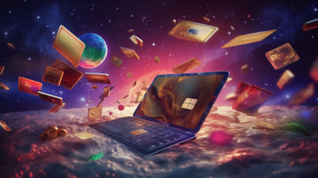 e commerce online store. Shopping cart and laptop computer with beautiful light bokeh on the background, celebration, holiday gift, promotion and special offer, e-commerce advertising concept.の素材