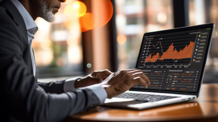 Businessman analyzing financial data for marketing strategy in workspace using BI dashboard with graph and chart on laptop screen. Stock exchange, trading, forex, growth chart. Professional report.の素材