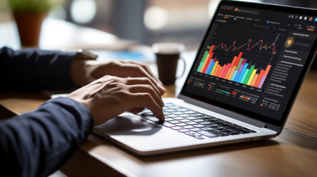 Businessman analyzing financial data for marketing strategy in workspace using BI dashboard with graph and chart on laptop screen. Stock exchange, trading, forex, growth chart. Professional report.の素材