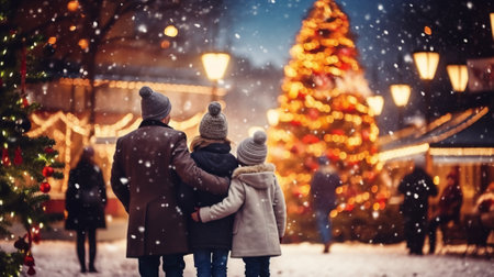 Happy interracial family enjoying a walk in a Christmas market at night. Winter holidays and together concept, happy mother, father and little daughter at christmas market with snow and ornament lightの素材