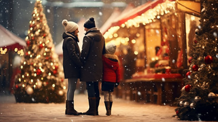 Happy interracial family enjoying a walk in a Christmas market at night. Winter holidays and together concept, happy mother, father and little daughter at christmas market with snow and ornament lightの素材