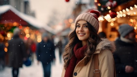 Happy smiling outdoor portrait woman having fun at the Christmas market. Holiday December cheerful enjoyment new year celebrate season. Warm clothing in cold temperature. Merry xmas holiday - event.の素材