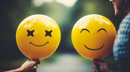 Happy Face, Happiness, Smiley Face Balloons. Carefree woman positive emotion hope concept. Smile face on yellow helium balloons.の素材