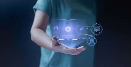 Businesswoman hands hold Virtual screen HUD hologram. Concept of explicit or media Futuristic template rendering hologram grid interface. Digital transformation, innovation and future concept. Dの写真素材