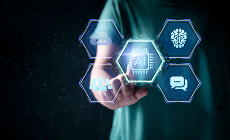 Woman hands working on computer and data theme hologram HUD. Tech concept. Ai hologram with digital human head on dark background. Machine learning, artificial intelligence and conversation assistant.の写真素材