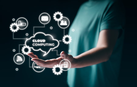 Hand holding virtual cloud computing with technology item upload download. Management big data include business strategy , customer, sharing information. Data storage. Networking internet service.の写真素材