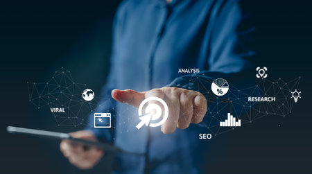 Digital marketing media in virtual screen. Business global internet connection application technology, Digital link tech, big data. Digital media marketing analysis, SEO, analytic, viral, research.の写真素材