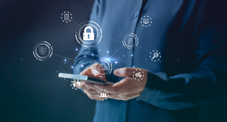 Big data analytics and business intelligence concept with chart and graph icons on a digital screen interface and a businessman in backgroundの写真素材