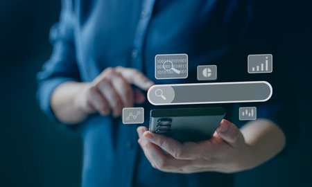 Searching Browsing Internet Data Information with blank search bar.SearchEngine Optimization SEO Networking Concept.handof businessman working on mobile.の写真素材