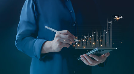 2024 growth graph of success business investment. Increasing chart of economy, strategy plan financial development. Stock market analysis diagram. Target future, company year report, trend new year.の写真素材