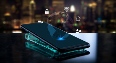 ai, Artificial intelligence concept. Smartphone with cyberspace network modern innovation icon on table . Background with light and bokeh of night city. Modern office, tower view at urban city.の素材
